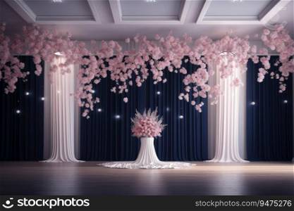 A stage with columns and flowers in pink and white