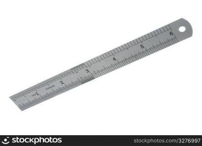 A stainless steel ruler isolated against a white background