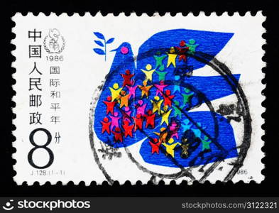 A Stamp printed in China shows International Year of peace, circa 1986