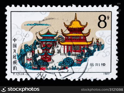 A stamp printed in China shows the famous site of Yueyang Tower, circa 1987