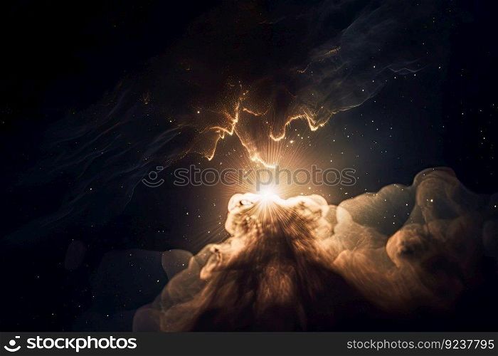 a star emerging from its nebular cloud, the first light shining in the darkness, created with generative ai. a star emerging from its nebular cloud, the first light shining in the darkness