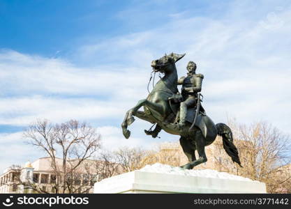 A statue by Clark Mills, in Layfayette Square, Washington, DC, of President Andrew Jackson riding his horse. Jackson was the seventh president of the United States from 1829 to 1837.