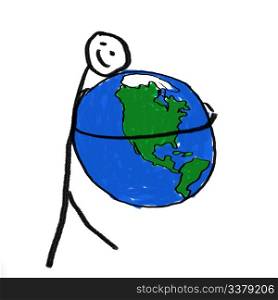 A stick person holding the globe