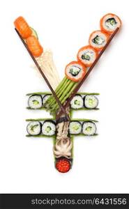 A stillife of yen sign made of sushi.