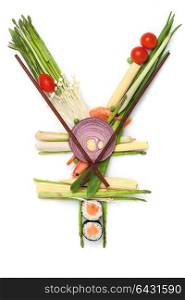 A stillife of yen sign made of sushi.