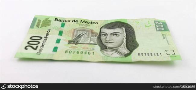 A stock photo of a new two hundred Mexican peso bill.
