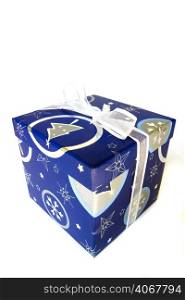 A stock photograph of a bright blue gift box.