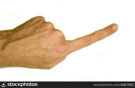 A stock photograph of a man&acute;s hand pointing with an extra knuckle.