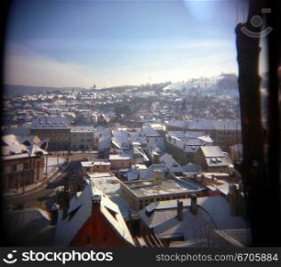 A stock photograph of an Aerial view of Singisoara, Romania, using a Holga camera which acheives an artistic and photographic effect.