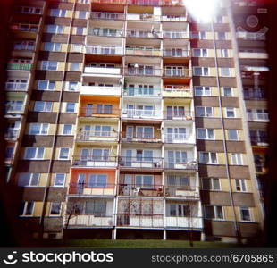 A stock photograph of an apartment block in a small Polish town, using a Holga camera which acheives an artistic and photographic effect.