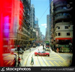 A stock photograph of the busy streets of Hong Kong, using a Holga camera which acheives an artistic and photographic effect.