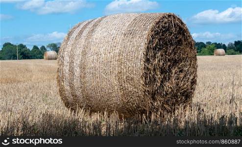 a straw bale after harvest on a background cloudy sky