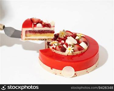A strawberry cake with a fork while it is resting on a flat surface. Strawberry cake with a fork while it is resting on a flat surface