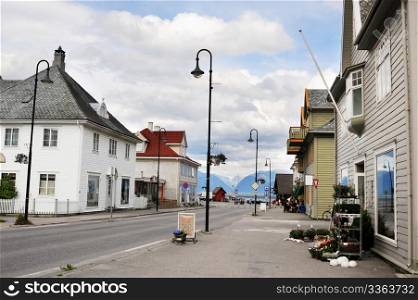 A street of a small norvegian village Vik situated in fjords. Norway