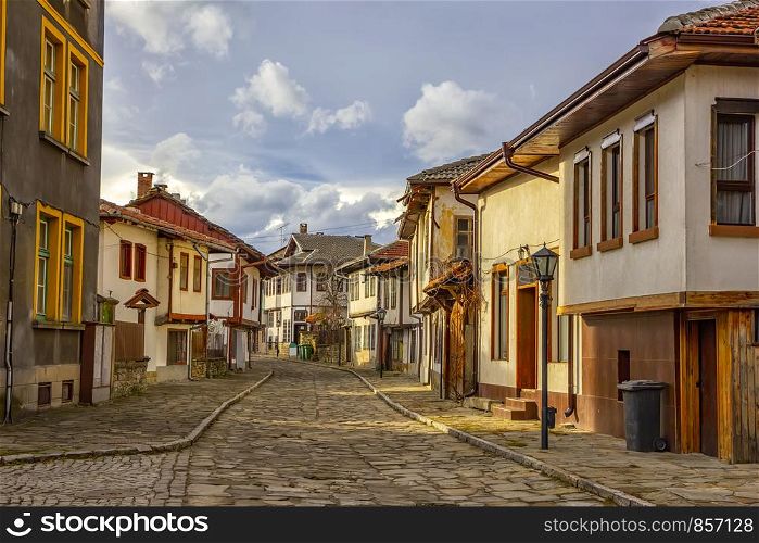 A street of the old town, national revival architecture. Tryavna, Bulgaria.