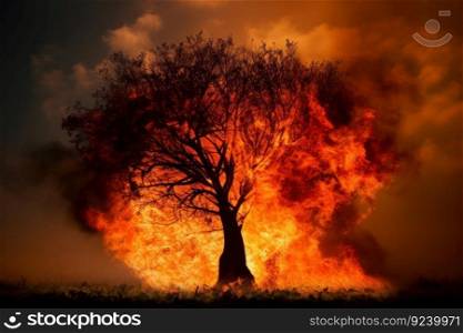 A striking image of a burning tree set against a beautiful, vibrant sky, a reminder of the impact of global warming on our planet. Created using AI Generative technology.