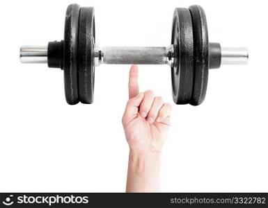 A strong man lifting weights with a finger