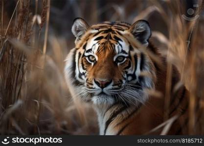 A strong tiger in the high grass at a river created with generative AI technology