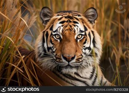 A strong tiger in the high grass at a river created with generative AI technology