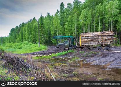 A stuck logging truck loaded with logs at the edge of the green forest, Kostroma oblast, Russia.