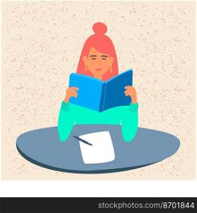 A student is reading a book, preparing for exams or a school test at the University.A young girl is holding a textbook. A teenager is studying a textbook. flat illustration in cartoon style.  A student holds a textbook in her hands. A girl reads a book