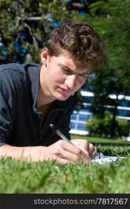A student studying on a grassy university campus.