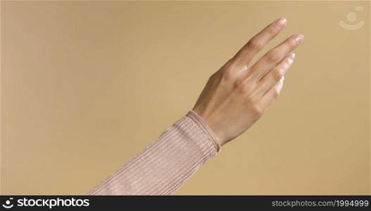 A studio photo of the hand of a woman