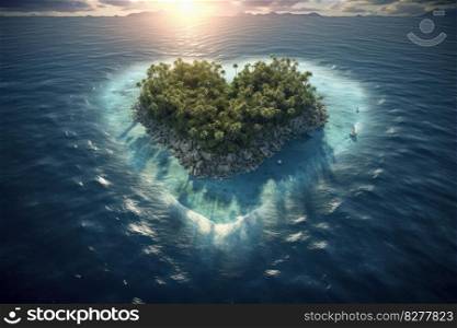 A stunning aerial shot of a heart-shaped island with a boat anchored in the clear blue water, creating a picturesque scenery. Perfect for travel and romantic designs. AI Generative.