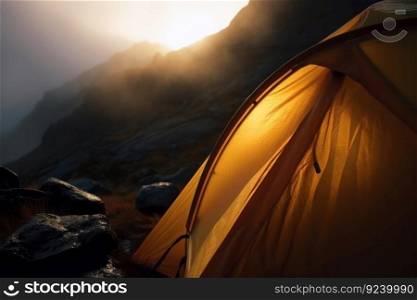 A stunning alpine landscape with a tent pitched in the foreground, providing the perfect backdrop for camping, hiking, and wilderness exploration. AI Generative.