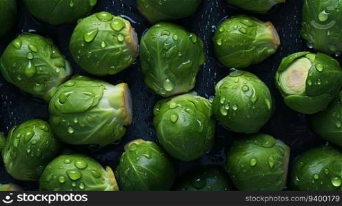 A stunning and highly detailed macro photograph of fresh brussel sprouts on a seamless background, adorned with glistening droplets of water. Shot from a low angle using a Hasselblad camera with ISO 100, the photo features professional color grading, soft shadows, and clean sharp focus. High-end retouching techniques have been used to ensure the photo is of the highest quality. Perfect for food magazine photography, advertising, and commercial projects, this award-winning photograph is sure to impress.