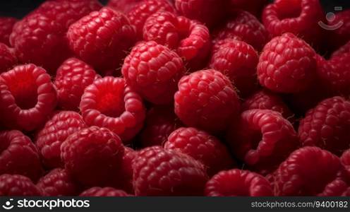A stunning and highly detailed photograph featuring a pile of fresh raspberries on a seamless background. Shot using a Hasselblad camera with ISO 100 and professional color grading, this image boasts clean, sharp focus and soft shadows, making it perfect for food magazine photography, advertising, and commercial use. The raspberries are adorned with glistening droplets of water, adding to their natural beauty and appeal. This award-winning photography has been carefully retouched to showcase the raspberries’ vibrant colors and textures. The low angle of the shot provides a unique perspective, highlighting the fullness and abundance of the raspberries.