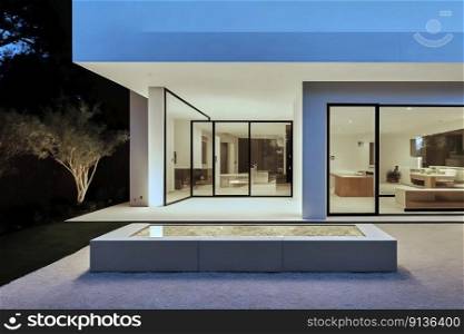 A stunning minimalistic bungalow stands tall against a night sky, exuding luxury and wealth with its sophisticated architecture, made with generative ai