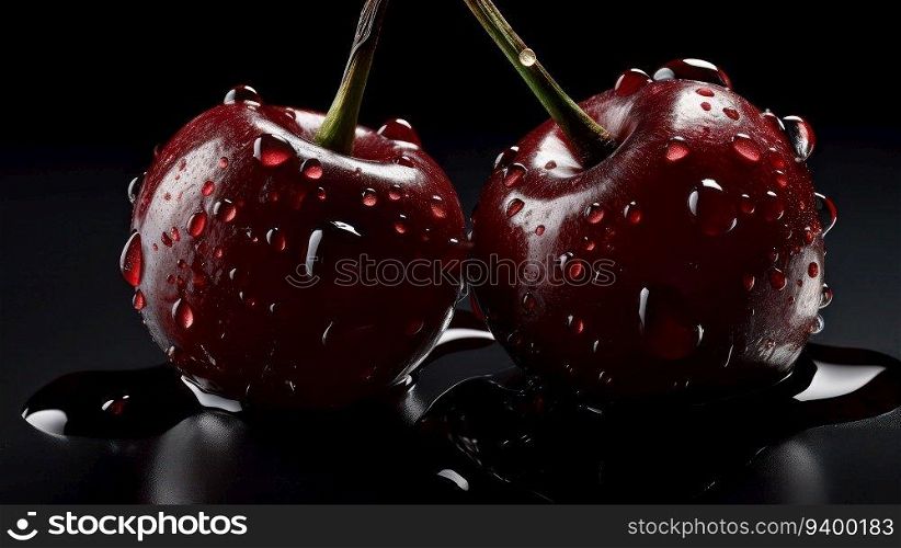 A stunning photo of dark red cherries on a seamless background, adorned with glistening droplets of water. Captured from a low angle, the details are highly detailed and crisp, shot using a Hasselblad camera with ISO 100. The professional color grading creates a warm and inviting tone, while the soft shadows add depth and dimension. The high-end retouching enhances the natural beauty of the cherries, making them even more tempting. Perfect for food magazine, award-winning, advertising, and commercial photography.