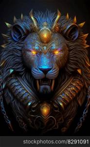 A stunning portrait Fierce black lion in glowing armor. A stunning portrait Fierce black lion in glowing armor AI Generated