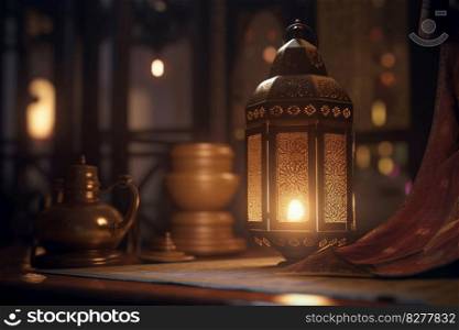 A stunning Ramadan lantern centerpiece, featuring beautifully decorated lanterns and traditional Arabic decor. Perfect for holiday and celebration themes. AI Generative.