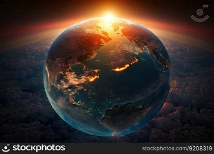 a stunning sunrise over a globe, with rays of light illuminating the continents and oceans, created with generative ai. a stunning sunrise over a globe, with rays of light illuminating the continents and oceans