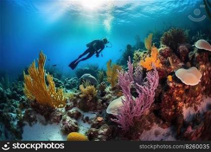 A stunning, underwater image of a scuba diver exploring a colorful coral reef, surrounded by a variety of marine life and crystal-clear waters. Generative AI.