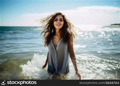 A stunning woman coming out of the water at a beach