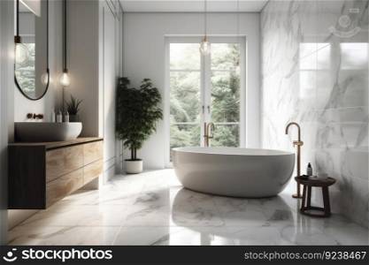 A stylish and inviting white bathtub placed next to a window, offering natural light and a bright and airy atmosphere. The perfect space for a refreshing and rejuvenating soak. AI Generative.