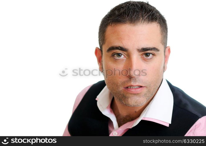 A successful businessman wearing vest and pink shirt on white background