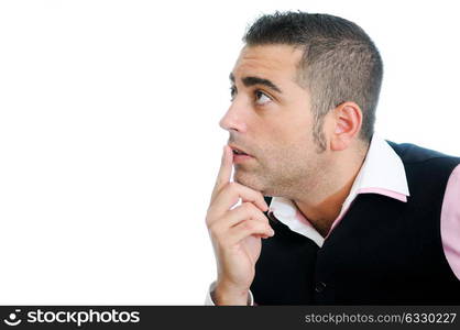 A successful businessman wearing vest and pink shirt on white background