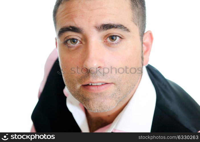 A successful businessman wearing vest and pink shirt on white background