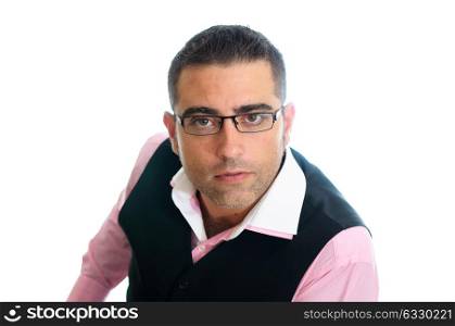 A successful businessman with glasses wearing vest and pink shirt