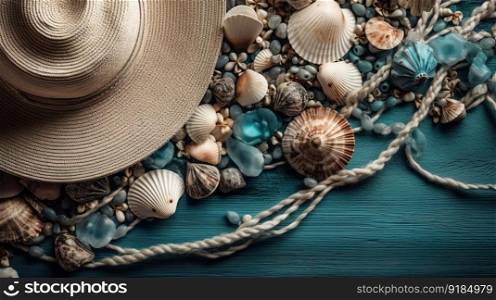A Summer Flat Lay of Shells and a Hat on the Beach. Generative AI