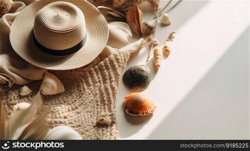 A Summer Flat Lay of Shells and a Hat on the Beach. Generative AI