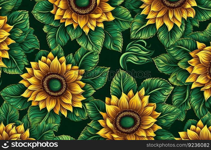 A summer-perfect backdrop featuring green-leaved sunflowers in full bloom by generative AI