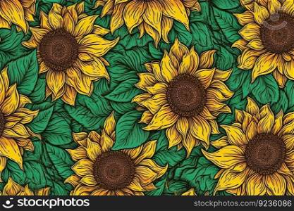 A summer-perfect backdrop featuring green-leaved sunflowers in full bloom by generative AI
