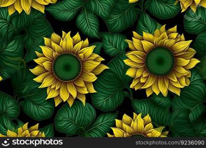A summer-perfect backdrop featuring green-leaved sunflowers in full bloom by generative AI