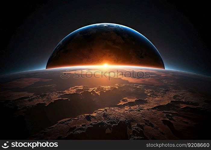 a sun rising over a globe with a view of the earth from space, showcasing its beauty and vastness., created with generative ai. a sun rising over a globe with a view of the earth from space, showcasing its beauty and vastness.