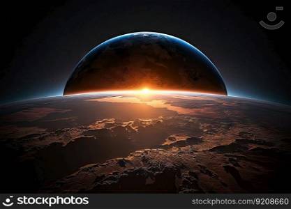 a sun rising over a globe with a view of the earth from space, showcasing its beauty and vastness., created with generative ai. a sun rising over a globe with a view of the earth from space, showcasing its beauty and vastness.